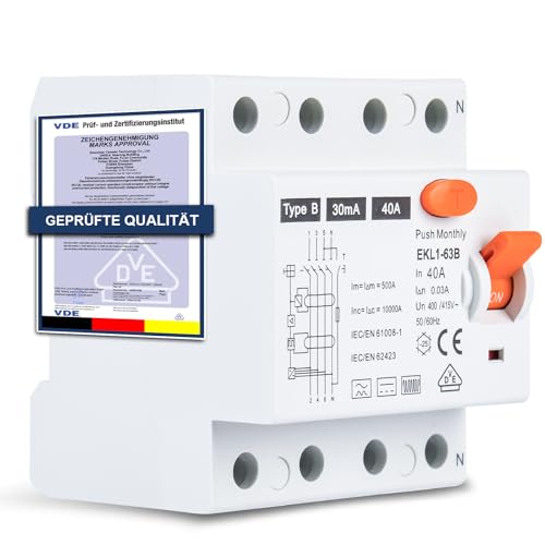 FI Schutzschalter Typ B 40A 30mA 4-polig Allstromsensitiver RCD für Wallbox & Ladestation Fehlerstromschutzschalter mit VDE Zertifizierung DIN-Hutschiene Montage