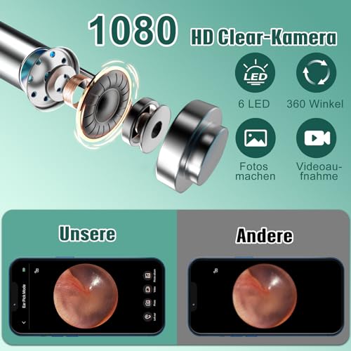 Ohrenschmalz Entferner mit Kamera, LMECHN 1080P HD-Otoskop, Ohrenreiniger mit WLAN, IP67 Wasserdicht, 6 LEDs, für iPhone, iPad & Android-Telefon (Schwarz)
