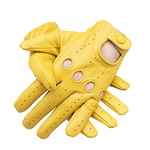LEATHER LH HANDS Men's Genuine Leather Driving Gloves with Knuckle Holes Yellow, Large