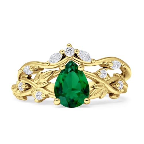 OMRANII Two Piece Pear Teardrop Leaf Infinity Twisted Curved Band Bridal Set Vintage Style Cubic Zirconia Wedding Engagement Ring 925 Sterliing Silver