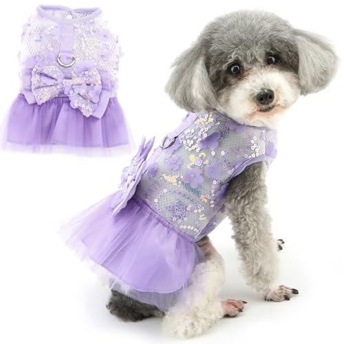 Zunea Puppy Dog Dresses for Small Dogs Girl Summer Princess Harness Lace Dress with Leash Ring Breathable Mesh Vest Skirt with Bowknot Cute Flowers Female Pet Clothes for Chihuahua Yorkie Purple S