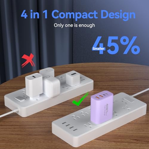 Image of USB C Wall Fast Charger Block, 40W 4-Port Type C Charger Fast Charging Blocks PD Power Charger Adapter+QC 3.0 USB Multiport Charger Brick for Phone 17 /16 /15 /14 /13 /12 Pro Max, Pad, Galaxy S25-Lavender