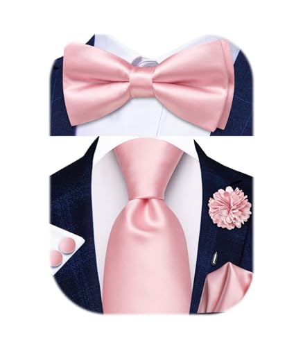 Image of Hi-Tie 5Pcs Mens Solid Color Silk Tie Satin Pretied Bowtie Lapel Pin for Men Handkerchief Cufflink Wedding Gift Box
