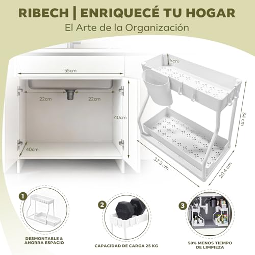 Miniatura 6 de Ribech Soporte De Lavabo De Doble Capa Blanco Con Área Extraíble, Aire Industrial Moderno, Suelo, Adecuado Para Cocina Y Baño