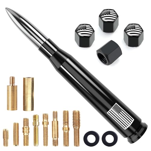 Image of Car Truck Antenna with Valve Stem Cap American Flag Universal Short Replacement for GMC Sierra Chevy Silverado Dodge Ram 1500 2500 3500 Ford F150 F250 F350 Super Duty Raptor Accessories, Chrome