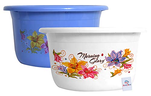 Image of Heart Home Flower Print 2 Pieces Unbreakable Plastic Multipurpose Bath Tub /Washing Tub 25 LTR (Blue & White)-HEART10600