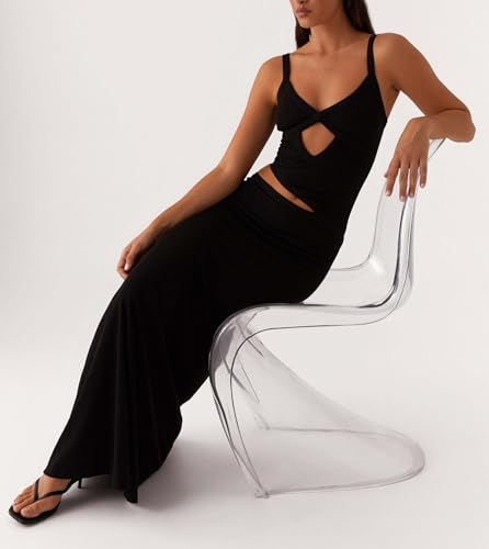 Image of Yiulangde Womens Elegant Spaghetti Strap Maxi Dress Backless Cut Out Bodycon Summer Cami Dress Sexy Formal Cocktail Dresses A-Black