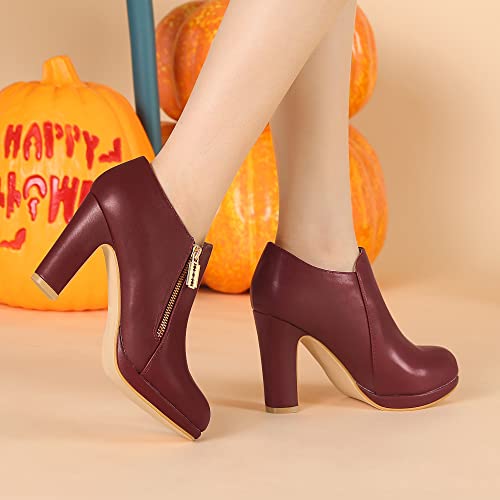 Allegra K Allegra K Women's Platform Round Toe Chunky Heelss Burgundy Ankle Booties 7.5 M US