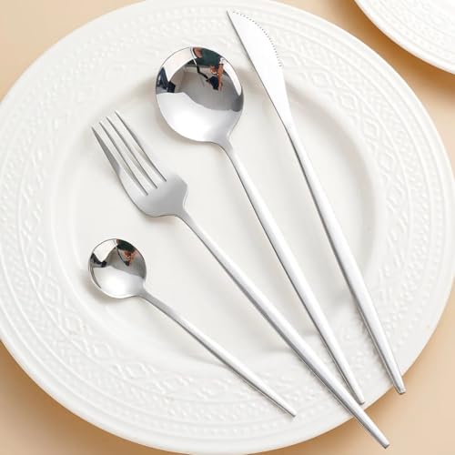 Image of Sterling Silver Silverware Set | Satin Finish French Style 48-Piece Stainless Steel Flatware Set with Giftable Box | Dishwasher Safe Tableware for Home, Restaurant & Corporate Gifting