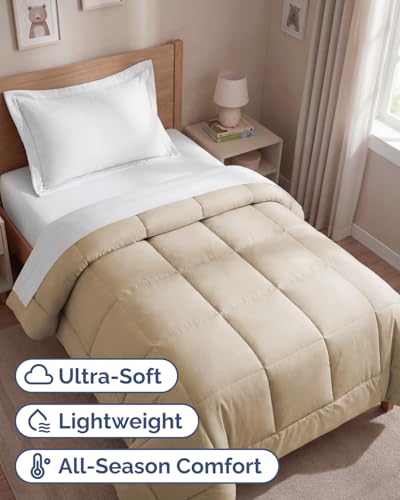 Image of Twin Size, Cream Alternative Down Comforter - Warm, Lightweight & Breathable Hotel Quality Bedding Set for Men, Women, Kids and Teens - All Season Oversized Cooling Microfiber Duvet Insert Comforter