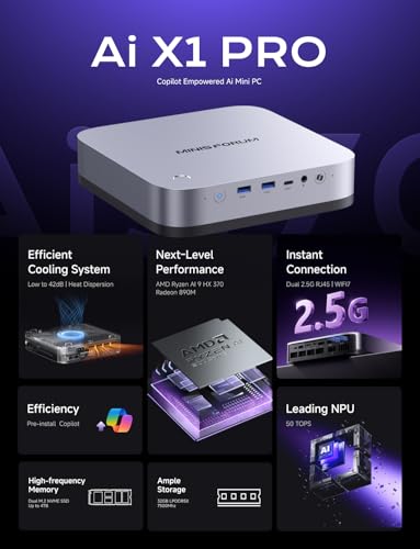 Image of MINISFORUM X1 Pro 370 Mini PC with AMD Ryzen AI 9 HX370, Radeon 890M Graphics, Without Storage /OS, 2x5G RJ45 Port|WiFi7|BT5.4, HDMI /DP /2xUSB4 Video Output, Copilot Support AI Mini Computer