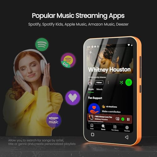 Image of TIMMKOO 80GB Kids MP3 Player with Bluetooth, Parental Controls, Pre-Installed Spotify, Audible, 4 inch MP4 Player (Orange)
