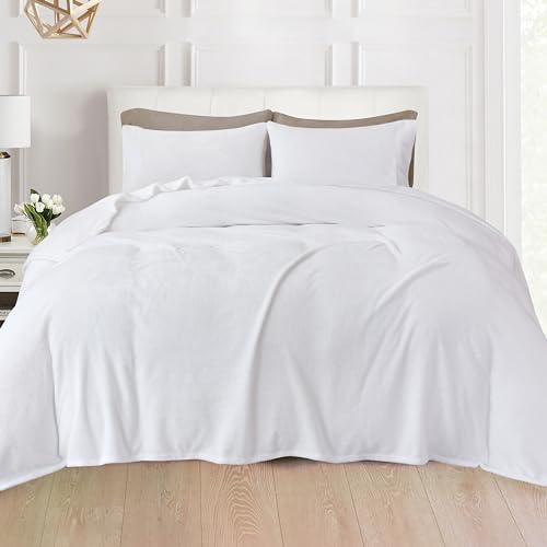 Elegant Comfort Luxuriously Soft 4-Piece Velvet Plush Flannel Sheet Set - Premium Quality - Cozy Warm, Anti-Static, Non Pilling Fuzzy Velvet Flannel Fleece Deep Pocket Sheet Set - Twin XL, White