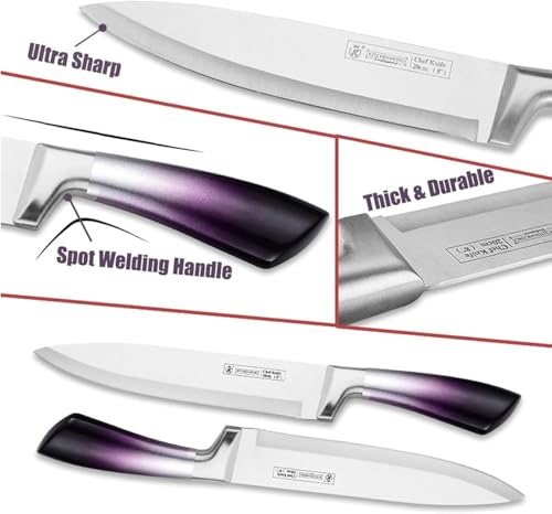 Kitchen Knife Set, 9 Pieces Professional Cooking Knife Set with Acrylic Block, Non Stick Sharp Stainless Steel Chef Knife Set with Ergonomic Gradient Handle for Women Girls (Purple) - Image 7