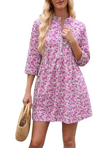 Image of EZAPINE Floral Dress for Women 3 /4 Sleeve Shift Boho Cotton Shirt Dresses | Button Up,Summer,Mini,Above Knee,Casual,for Picnic,Vacation