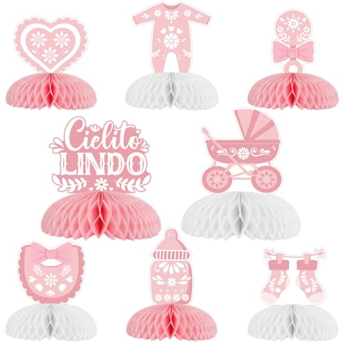 kreat4joy Cielito Lindo Party Decoration Pink, 8pcs Cielito Lindo Talavera Papel Picado Table Honeycomb Centerpiece Double-Sided Printing for Girl Fiesta Mexican Baby Shower Decoration