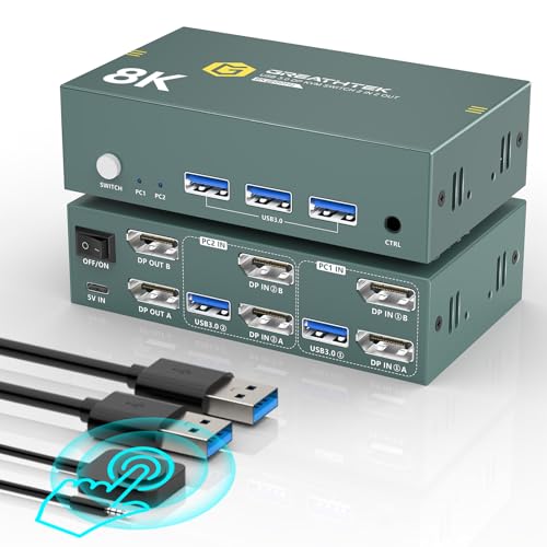 8K Displayport KVM Switch 2 Monitors 2 Computers ，8K@60HZ 4K@240HZ USB3.0 Dual Monitor KVM Switcher for PC/Laptop Share Keyboard Mouse,Support DP1.4,EDID Adapatively