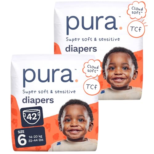 Image of Pura Baby Diapers Size 6-42 Count, 32-44lbs, 12hr Leak Protection, Cloud Soft & Gentle Diapers for Hypoallergenic & Sensitive Baby Skin, Toxin-Free*, Organic Cotton, Blowout Blocker, New Size Guide