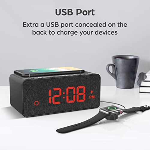 Buffbee Digital Alarm Clock Fm Radio - 10W Fast Wireless Charger Station & Usb Port - 5 Wake Up Sounds, Volume Control, Full Brightness Dimmer For Bedroom #TOP6