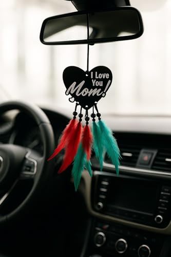 Image of Handmade Dream Catcher Car Ornament - Stylish Rear View Mirror Hanging Accessory - Elegant Car Interior Decoration - Good Luck & Positive Energy Charm (1, I Love You Mom)