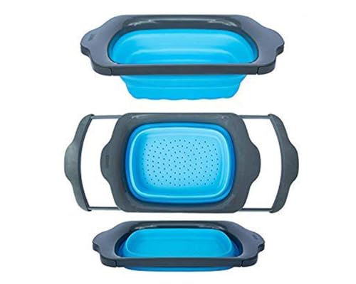 Comfify XL Large Kitchen Strainer - Collapsible Silicone Over - The-Sink Colander with Extendable Handles - Use with Pasta, Fruit, Berries & Veggie - 6 Quart - Blue