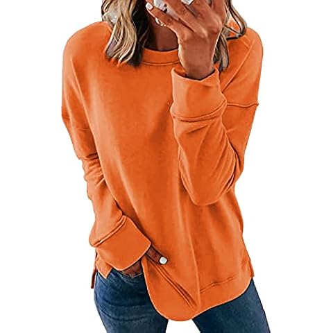 KINGFEN Womens Crewneck Sweatshirt Fall Fashion Clothes 2024 Long Sleeve Trendy Shirts Casual Tops Pullover Soft Plain Oversized Sweatshirts Lightweight Comfy Winter Outfits Sweater Orange Medium Cover