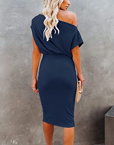 Image of EZBELLE Women's Summer Dress Off The Shoulder Short Sleeve Ribbed Casual Party Bodycon Midi Dresses
