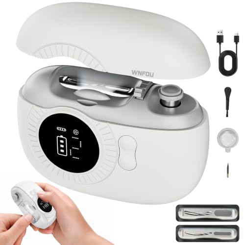 Wnfou Electric Nail Clipper for Seniors Automatic Nail Trimmer with LED Light & 5X Magnifier 4-Blade Adjustable 1mm/1.8mm Nail Cutter USB-C Rechargeable Cordless Clippers for Thick Nails White