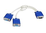 El cable divisor en Y VGA tiene un conector macho que se conecta directamente a una computadora; dos tomas VGA hembra en el cable se conectan a los cables VGA de dos pantallas separadas.