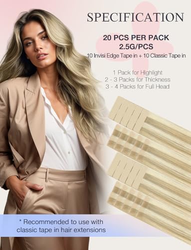 Image of DOORES Invisible Tape in Hair Extensions Human Hair, 22 inch #16 /22