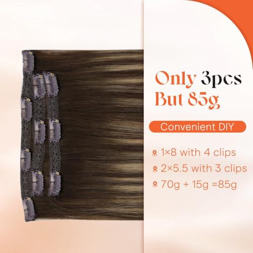 Image of Sunny Hair Clip in Hair Extensions Real Human Hair Brown Balayage | 20 Inch Real Human Hair Clip in Extensions Medium Brown Balayage Caramel Blonde with Natural Flow for Wedding Guest Hair 85g