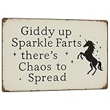 Funny Unicorn Decor Sign Vintage Metal Tin Signs, Giddy up Sparkle Farts there's Chaos to Spread Sign - Retro Unicorn Wall Decor for Home, Office, Humor Sign Gift for Fantasy & Humor Enthusiasts 8x12 Inch