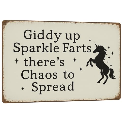 Funny Unicorn Decor Sign Vintage Metal Tin Signs Giddy up Sparkle Farts theres Chaos to Spread Sign - Retro Unicorn Wall Decor for Home Office Humor Sign Gift for Fantasy & Humor Enthusiasts 8x12 Inch