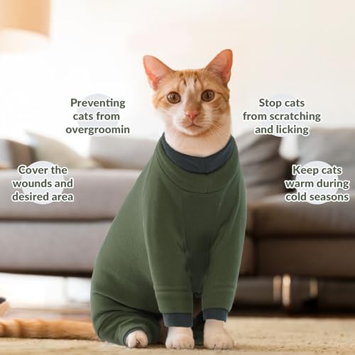 Klebriges Katzenhaar Kleidung, Pyjama für Katzen Pullover Warm für Katze Katzenoverall Fleece Jumper Katzenkostüm Mantel mit Rollkragen&Lange Ärmel für Katzen/Kitten(ArmeeGrün, S)