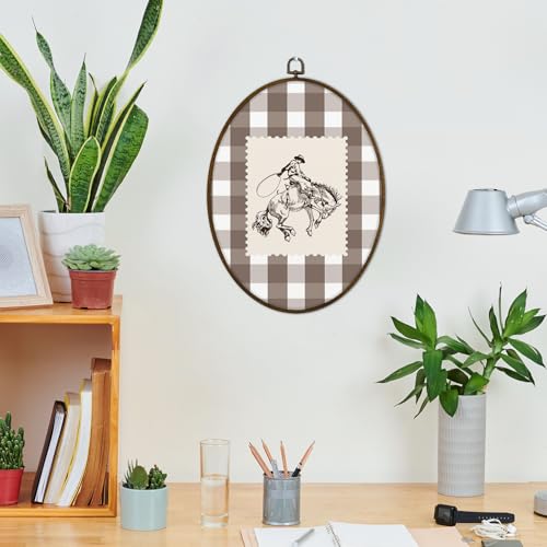 GWFSJYU Western Rodeo Cowboy Framed Oval Wall Art Decor, Vintage Cowboy Horse Canvas Prints Wall Art, Southwestern Country Checkered Hanging Decor for Living Room Bedroom Bar Home, 8.7x11.3 Inch by GWFSJYU - Used condition - Image 2