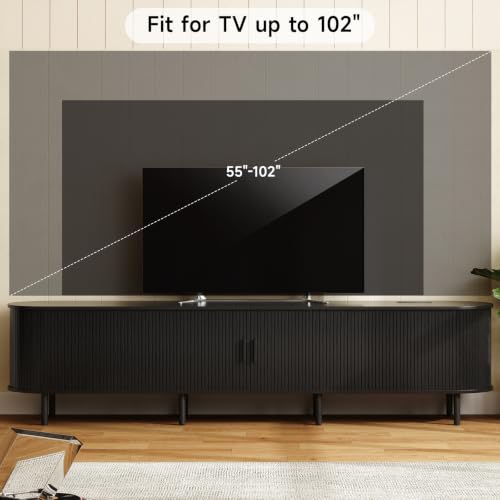 Image of ONBRILL 94.5 inch TV Stand with Power Outlet for TVs up to 102 Inch, Entertainment Center with Storage and Adjustable Shelves, Modern Media Console with Sliding Doors for Living Room, Black