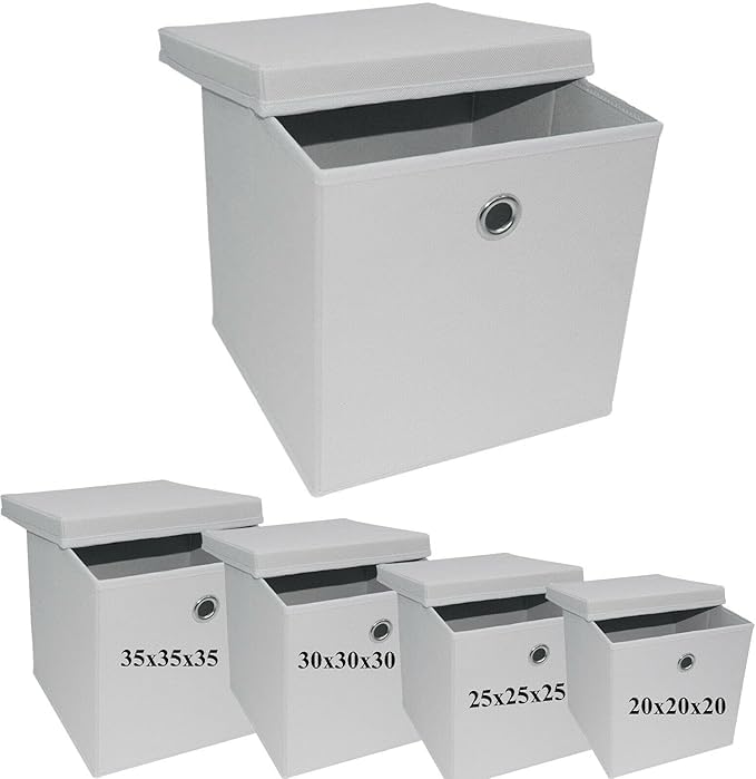 A406 2x Foldable Storage Boxes with Lid Storage Basket with Lid Fabric Cubes with Handles Collapsible Fabric Organiser Clothes Storage Box (White, 27x27x27cm)