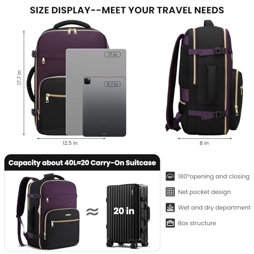 Image of YAMTION 40L Large Travel Backpack for Women,Carry On Bookbag Luggage with 4 Packing Cubes, Airline Approved Weekender Backpacks for Personal Items fits 17 Inch Laptop