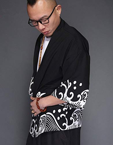 LifeHe Men's Kimono Japanese Floral Printed Kimono Cardigan Shirts Jackets … Black - Thumbnail 3