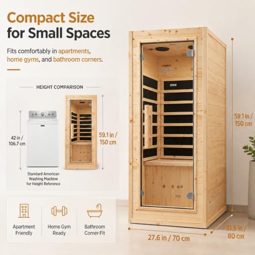 Mini Sauna 1 Person Far Infrared Sauna for Home, 4.9ft Space Saving Indoor Sauna with Front-Opening Glass Door, Natural Spruce Wood Dry Spa, 900W Rapid Warm-Up, Bluetooth, Cup Holder & LED Light - Image 2