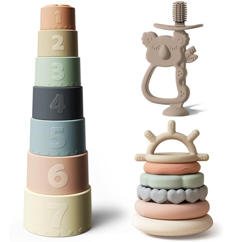 Image of Moonkie Baby Toy Bundle | Stacking Cups & Rings + Koala Silicone Teether | 3-in-1 Educational & Teething Set for Babies 6-12 Months | Soft BPA-Free Silicone Toys for Learning, Teething & Play