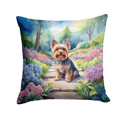 Caroline's Treasures Yorkshire Terrier Spring Path Throw Pillow Machine Washable, Indoor Outdoor Decorative Pillow for Couch, Bed or Patio, 14Hx14W