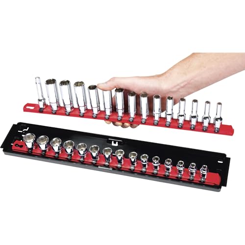 Image of Ernst Manufacturing 18-Inch Socket Boss 2-Rail 1 /2-Inch-Drive Socket Organizer with Twist Lock Secure Hold and Toolbox Drawer Tray, Red - Made in USA