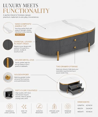 Image of Tesla Centre Table, 42x24x18 Inch, Nano Composite White Marble Top, Gold Accents, 2-Drawer Storage, Oval Design, Waterproof Plywood, PVD Legs, Modern Coffee Table for Living /Entryway