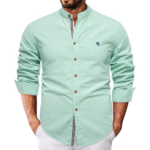Mens Fashion Linen Shirts Solid Color Cotton Long Sleeve Shirt Business Casual Button Down T-Shirts