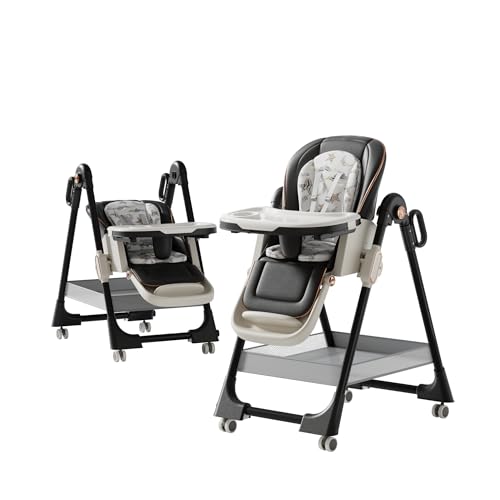 Aveainelle Plegable Cuero PU Tronas de BeBe - 4 Alturas, 4 Reclinaciones, Silla Convertible con 2 Bandejas y Ruedas, Trona Evolutiva y Niños Pequeños con Cesta de Almacenamiento (Gris oscuro)