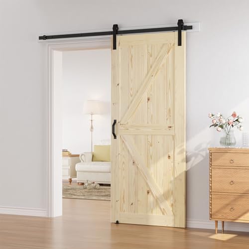 Image of SmartStandard 36in x 84in Sliding Barn Wood Door Pre-Drilled Ready to Assemble, DIY Unfinished Solid Spruce Wood Panelled Slab, Interior Single Door Only, Natural, K-Frame (Fit 6FT-6.6FT Rail)