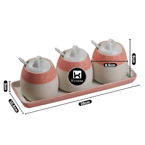 Image of Kookee Ceramic Condiment Jars and Containers Set of 3 with Tray and Spoon for Kitchen Food Storage, Used for Spices, Sauce Servers, Pickle, Vinegar, Sugar (280ml each) (10682)
