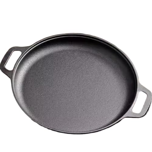 Plancha de hierro fundido suave y ligera, sartén antiadherente con asas, sartén redonda para pizza para barbacoa, camping, sartén para panqueques, fácil de limpiar (28 cm)
