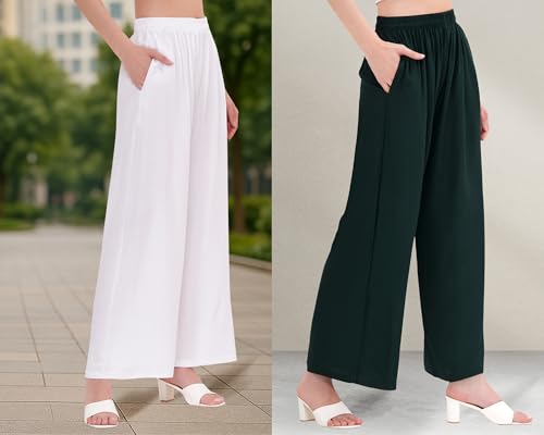 Image of Buy That Trendz Palazzo Pants for Women Cotton Rayon Elasticated Regular Fit Flared Wide Leg M to 6XL Pack of 2